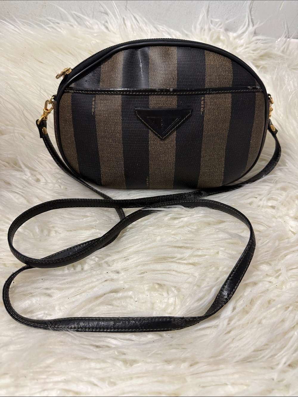 Vintage Fendi Striped Oval Crossbody Bag in Black and Brown